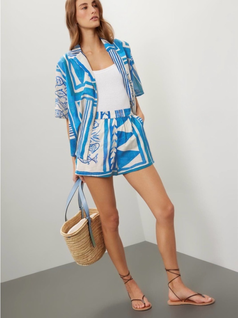 SOLEIL SOLEIL | Blue and White Button-Up Shirt & Shorts Set | S